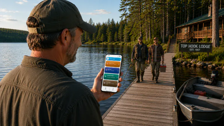 Camp owner holding a phone on a Canadian lake dock