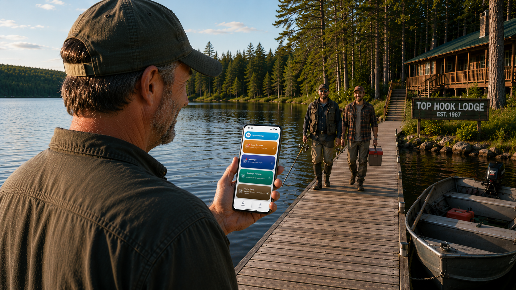 Camp owner holding a phone on a Canadian lake dock
